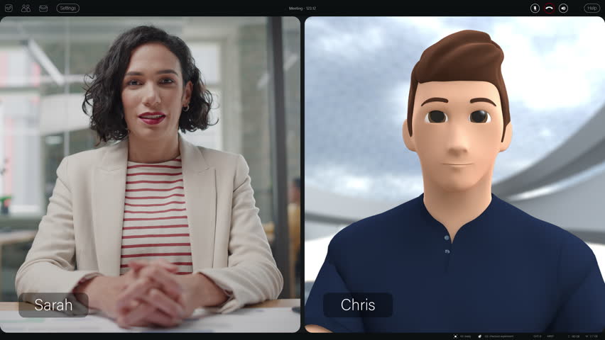 Professional Woman and Animated Avatar Engage in a Virtual Meeting, Advanced Video Conferencing Technology. Split-screen Software Interface Real-time Interaction and Digital Collaboration Tool - Powered by Shutterstock - Get 15% off with code: PIKWIZARD15