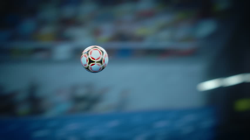 Soccer Ball Flying Across the Stadium. Ball's Flight Leads to Goal, Success, and Victory. Swirling Ball, Arena with Crowds of Fans Cheering for the Champion Winning Team. Medium Close-up Shot
