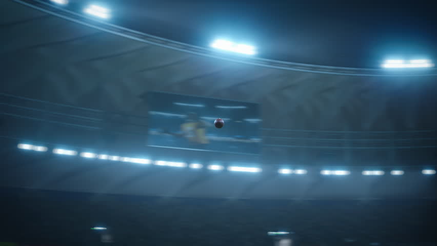 Cinematic Slow-motion Footage of an American Football Ball Flying Across Stadium Scoring Victory Goal. Ball's Trajectory Against a Backdrop of Spectators, Cheering Fans, Repeat TV Screens.
