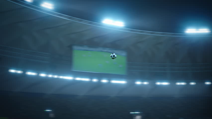 Realistic 3D Animation of a Soccer Ball Flying Across Stadium Field towards the Goal. Stylish Tracking Shot of Championship Event with Crowds of Football Fans Cheering for the Team. Slow motion