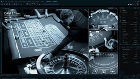 CCTV Footage Displays Casino Games. Main Screen Shows Roulette Table With Wheel and Betting Layout. Smaller Screens Reveal Blackjack and Poker Tables. Surveillance Software Template Split Screen - Powered by Shutterstock - Get 15% off with code: PIKWIZARD15