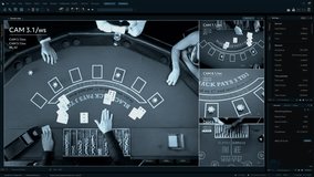 CCTV Security Displays Casino Gaming Tables. Main Screen Shows Blackjack Table With Cards and Chips. Smaller Screens Reveal Other Games. Surveillance Software Template Split Screen - Powered by Shutterstock - Get 15% off with code: PIKWIZARD15