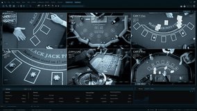 CCTV Security Displays Multiple Casino Games. Screens Show Blackjack, Roulette, and Poker Tables. Hands Dealing Cards, Placing Bets, Spinning Wheel. Surveillance Software Template Split Screen - Powered by Shutterstock - Get 15% off with code: PIKWIZARD15
