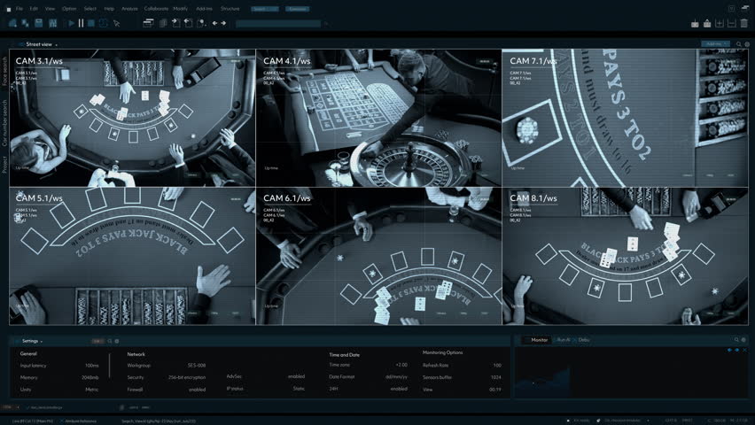 CCTV Security Footage Displays Multiple Casino Tables. Screens Show Blackjack, Roulette, Poker Games. Hands Placing Chips, Dealing Cards, Roulette Wheel. Surveillance Software Template Split Screen
