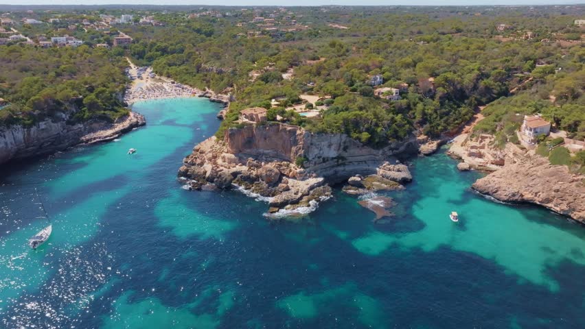 paradise beach on Palma de Mallorca, aerial view of Mallorca Cala Mondrago beach, vacation in Spain, holiday on Balearic Islands