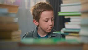Portrait of a Caucasian boy learning to read a book at home. The boy is preparing for school by reading interesting stories. High quality 4k footage - Powered by Shutterstock - Get 15% off with code: PIKWIZARD15