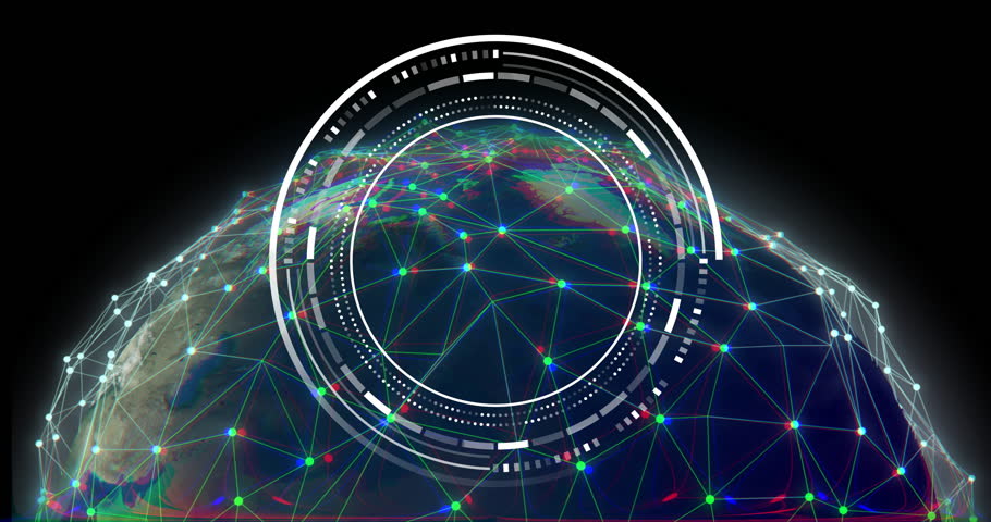 Animation of digital data processing over network of connections and globe. Global connections, computing and data processing concept digitally generated video.
