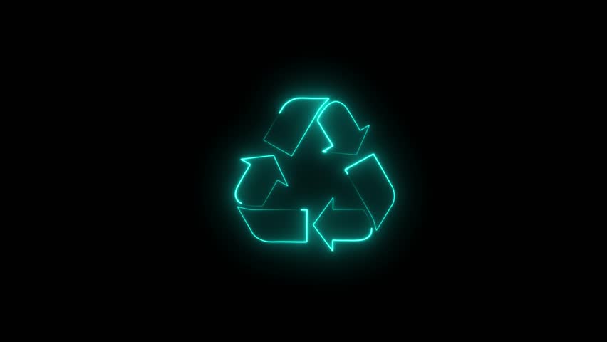 Glowing looping icon recycling symbol neon effect, black background