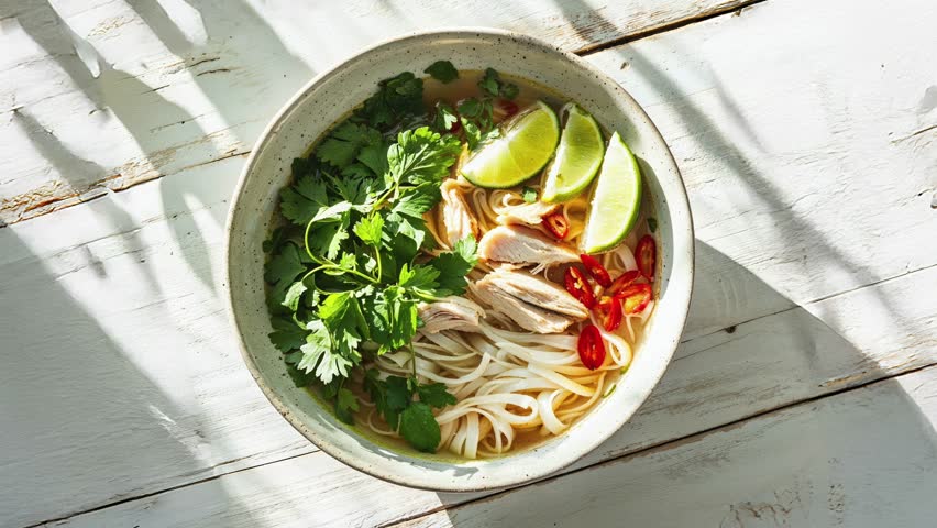 Delicious Vietnamese Pho Noodle Soup with Fresh Herbs and Lime