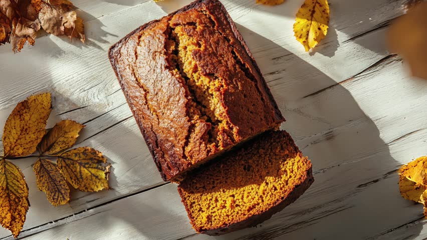 Homemade Pumpkin Bread with Autumn Leaves on Wooden Table