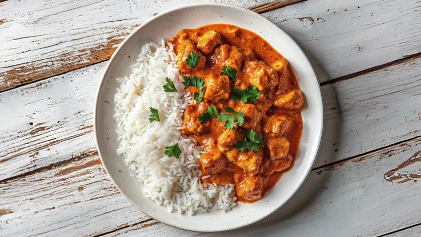 Delicious Butter Chicken Curry with Basmati Rice on Plate