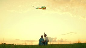 Dream of flying son dad travel silhouette. Father son play with kite on meadow. Family walk, children dream to fly high in sky. Happy family, dad with child in park play with kite. Child dad friends - Powered by Shutterstock - Get 15% off with code: PIKWIZARD15