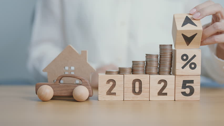 2025 New Year with percentage change to UP and Down arrow, Home and car model and coin stack. Real estate Mortgage, Refinance, House loan and debt, Interest rate, Insurance, Financial and Property Tax