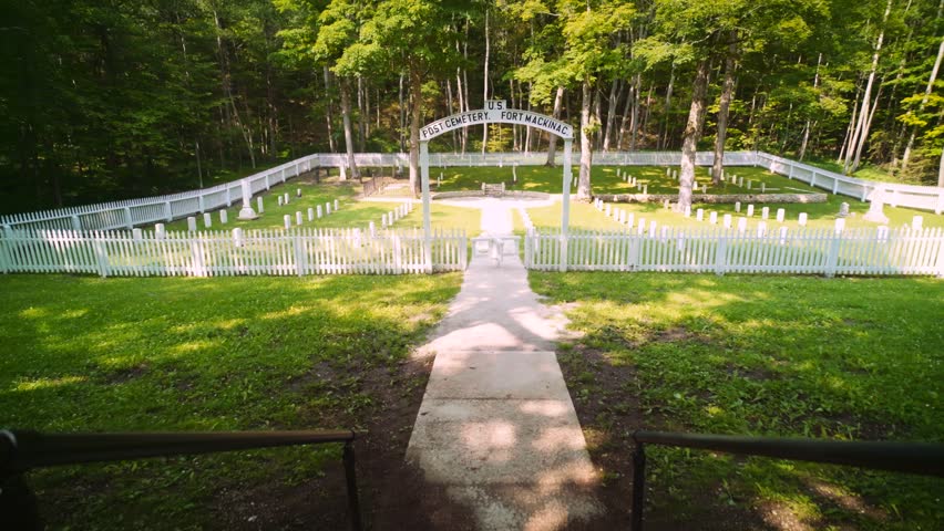 Wide shot of Post Cemetery,the final resting place for Fort Mackinac soldiers, their families and local officials.