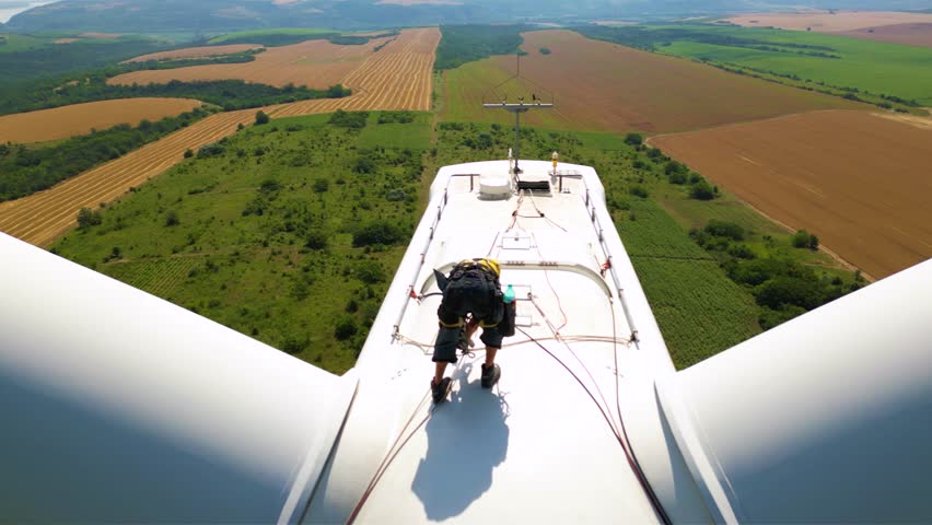 Aerial high angle footage of industrial rope access technician working on a wind turbine generator. Drone shot of skilled professional workers working at high altitude doing repairs of damaged blade.