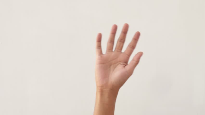 Hands, wave and sign for hello, goodbye or friendly greeting on white background in studio or communication with body. Hand gesture, person or expression of welcome, farewell or waving for attention.