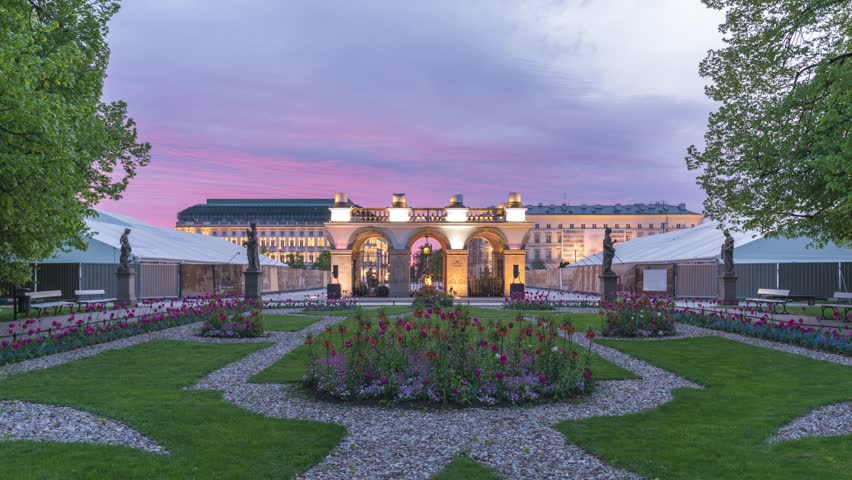 Warsaw Poland time lapse night to day sunrise city skyline at Tomb of the Unknown Soldier Monument