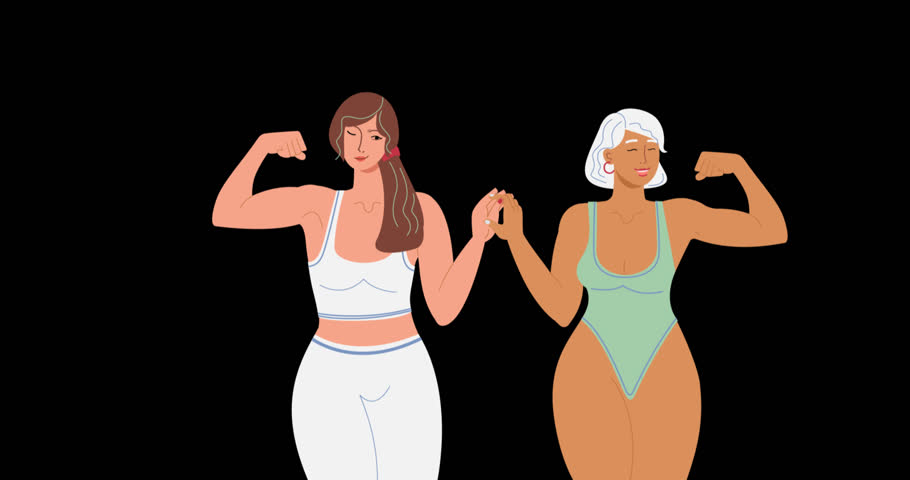 Multiracial women. Love your body. Body positive movement and beauty diversity. Motion graphics video on a transparent alpha channel in a seamless loop.