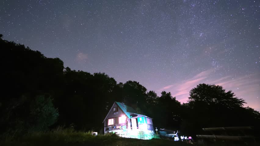 A beautiful starry night above a mountain cabin, the North Star rotating stars