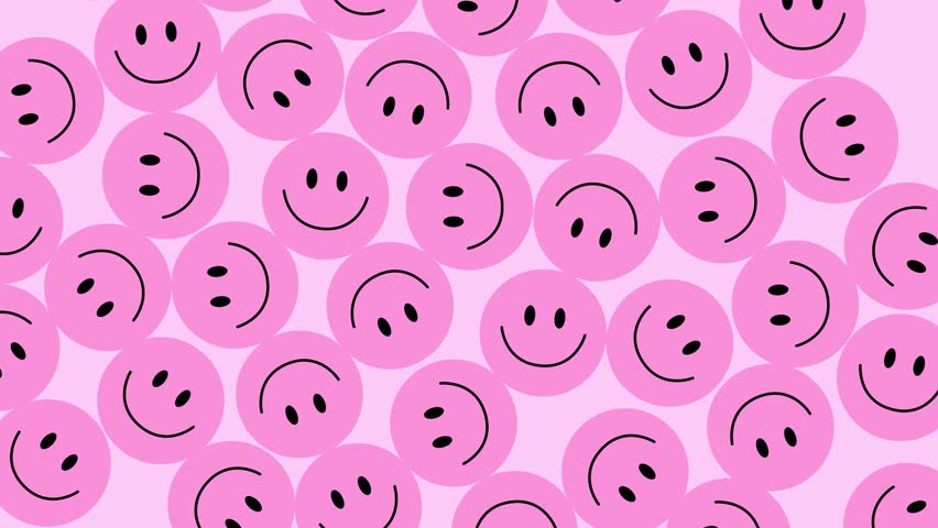 Animated pink smiley faces background with happy expressions.