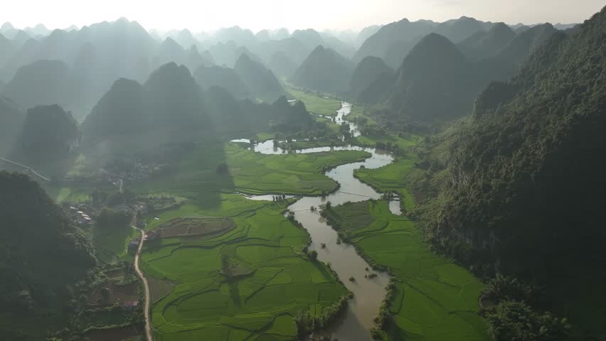 Aerial view of mountain and river in Phong Nam valley rice filed, Cao Bang, Vietnam