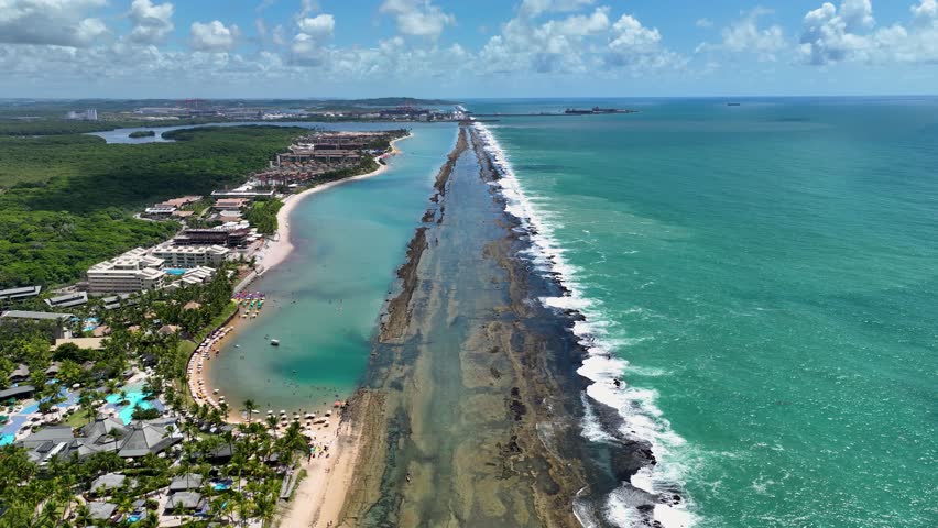 High Wall Beach At Port Of Chickens Beach Pernambuco Brazil. Breathtaking Aerial View Of A Lush Tropical Coastline Scenery. Island Life Landscape Grateful Beauty. Summertime Coast Porto de Galinhas.