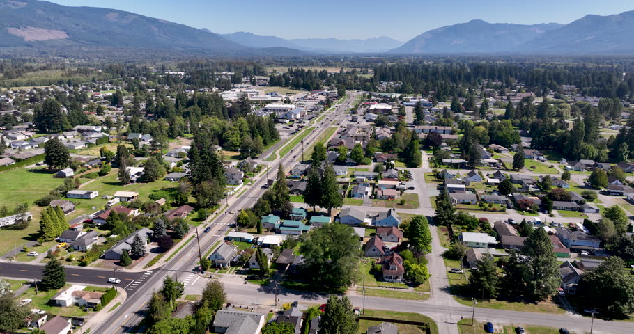 Summer Aerial Landscape of Sedro-Woolley, Washington Featuring Homes and Highway 20