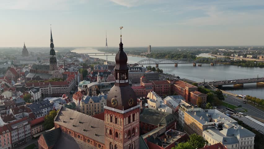 Aerial view of Riga Dome Cathedral, Daugava River, Vansu Bridge, historic city center in the afternoon on a summer or autumn day, Latvia, Europe