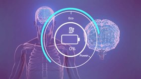 Charging battery animation over human brain and skeleton illustration. Technology, innovation, human body, digital, electricity, energy - Powered by Shutterstock - Get 15% off with code: PIKWIZARD15