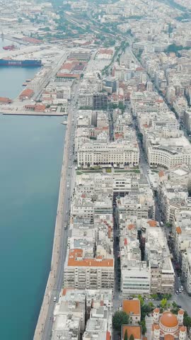Vertical video. Thessaloniki, Greece. Panorama of the central part of the city. Summer, Aerial View