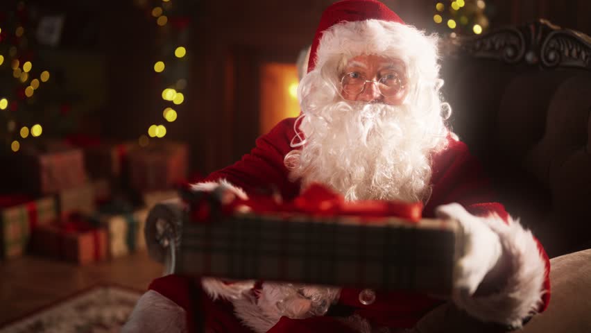Joyful and kind Santa Claus congratulating in Christmas night, giving gift. Portrait of bearded old man stretching box with present to camera, talking congratulations and best wishes, happy Xmas