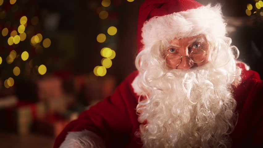 Portrait of joyful Santa talking to camera, congratulations and best wishes. Merry Christmas and happy New Year, traditional celebration of fascinating winter fest, vacation and holidays in December