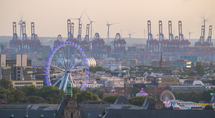Hamburg skyline panorama from day to night time lapse hamburg germany.
