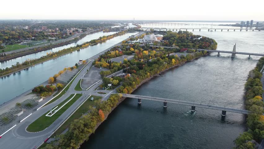 Aerial view of Notre Dame Island Notre-Dame Circuit in autumn sunset time. Montreal, Quebec, Canada.