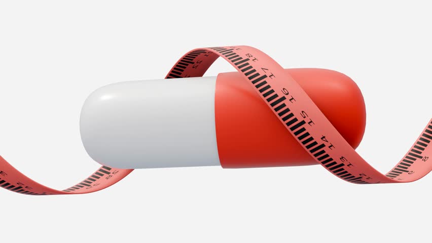 3d animation of drug capsule-shaped pill surrounded by a coiled measuring tape. The measuring tape's numbers are visible, suggesting a connection to weight loss or body measurements.