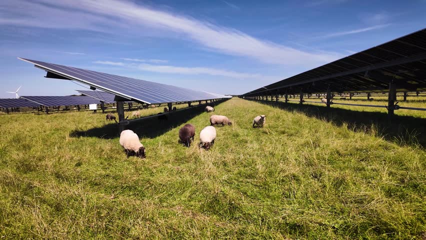 Sheep grazing in a field of solar panels with solar trackers and a windmill in the distance. Agrivoltaics concept where the land is shared between solar parks and sheep grazing. 