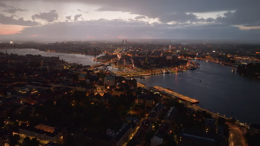 Aerial view of Stockholm at twilight, showcasing the city