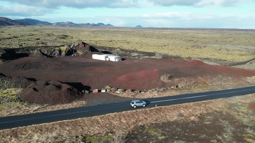Aerial view of high plateau with empty road and scenic landscape, Reykjavik, Iceland.