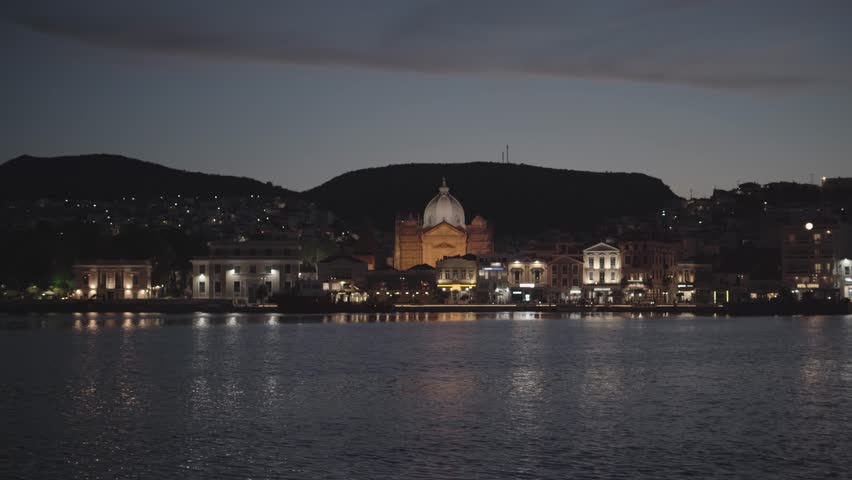 night view port of Mytilene town, Lesvos island, Greece
