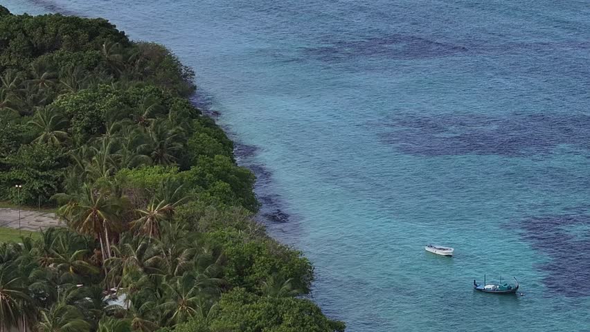 Aerial view of vibrant local island village with beautiful harbour and turquoise ocean, Vashafaru, Maldives.