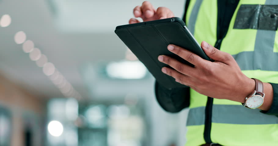 Hands, tablet and person typing for logistics, schedule and coordination with communication with client. Manager, technology and writing email for delivery timeline, supply chain and distribution