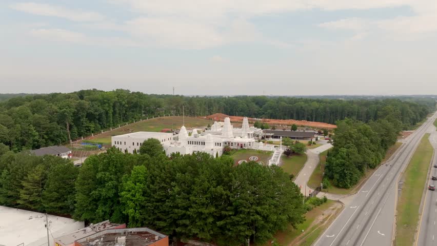 Revealing drone shot of the Hindu Temple of Atlanta, Georgia