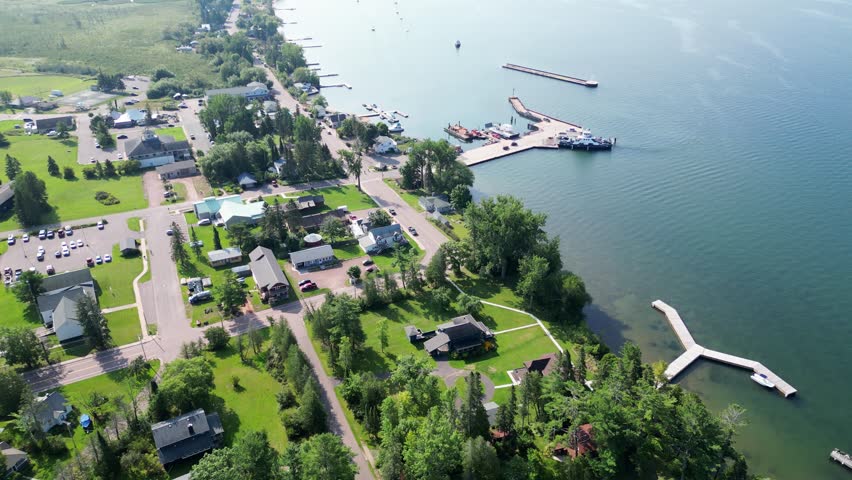 Apostle Islands National Lakeshore, Wisconsin, USA. 4K Aerial Flyover Over The Scenic 12-Mile Stretch Of Shoreline Along Lake Superior.