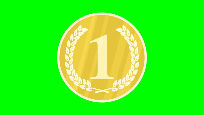 Animation of the appearance of a gold label with a laurel wreath of the first place in a round shape on a green background and alpha channel in flat style