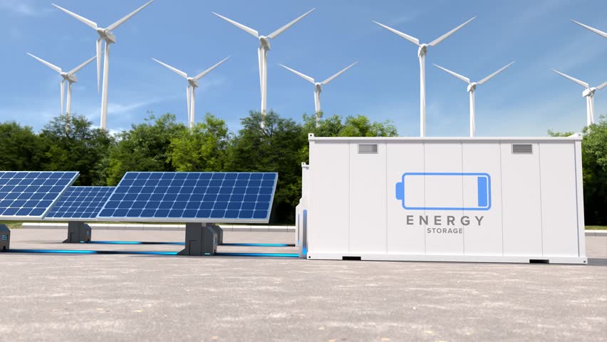 Energy storage systems with wind turbines and solar farms, Green alternative energy, Net zero emissions concept.
