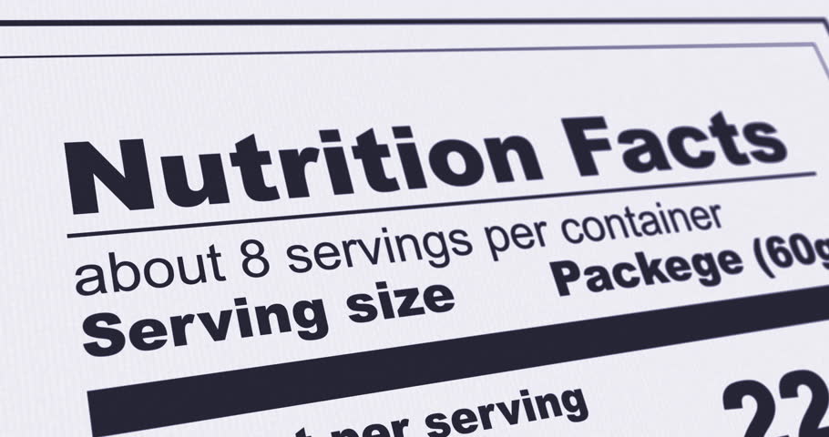 Nutrition Facts Label with Sugar content line highlighted, lose weight, diet and healthy food concept, footage