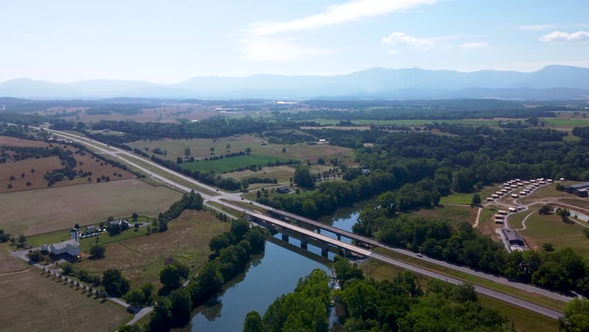Aerial Cinematic video of the Shenandoah River and Shenandoah mountains in Luray Virginia.