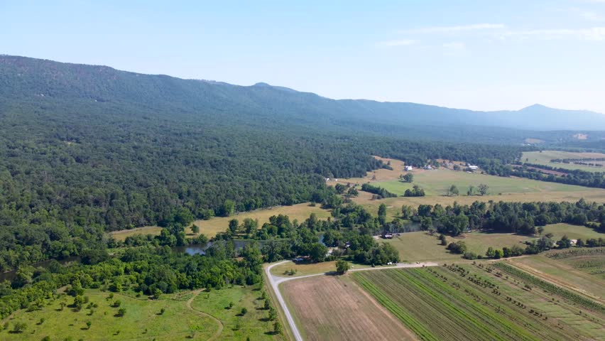 Aerial Cinematic video of the Shenandoah River and Shenandoah mountains in Luray Virginia.