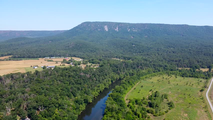Aerial Cinematic video of the Shenandoah River and Shenandoah mountains in Luray Virginia.