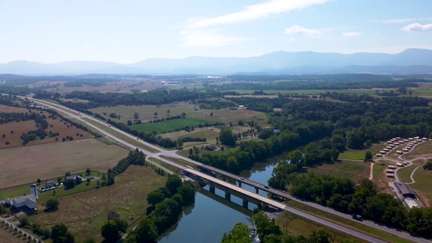 Aerial Cinematic video of the Shenandoah River and Shenandoah mountains in Luray Virginia.